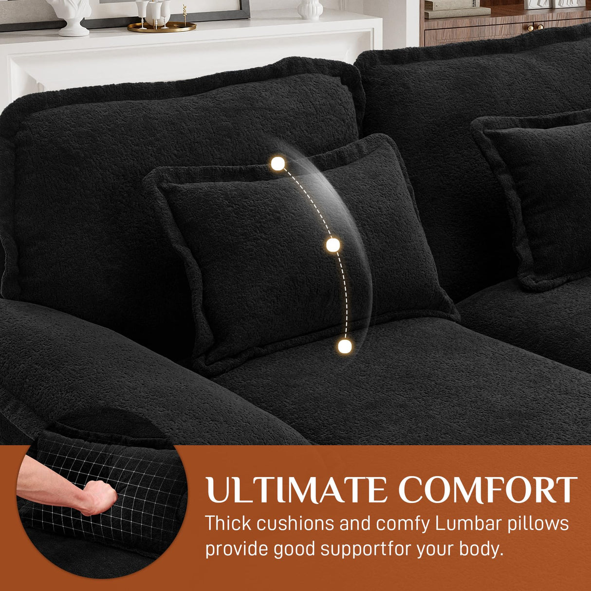 U Shaped Cloud Couch Sectional Sofa, 124" Comfy Fluffy Chenille Cloud Black Sectional Couches for Living Room with Double Chaise Lounge, Modern Modular Sofa with Central Console & USB Port ONEMMLION