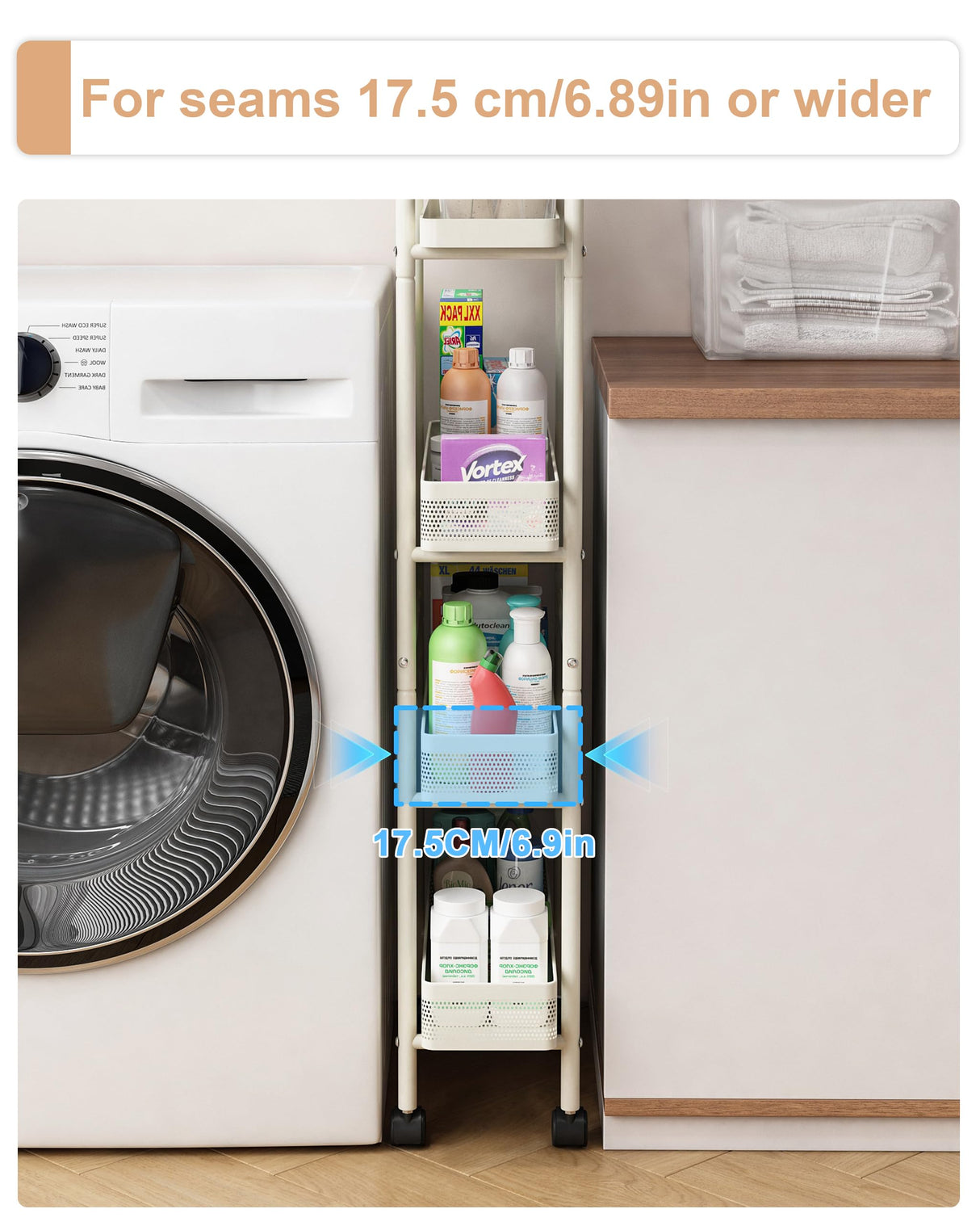 UMDONX Slim Storage Cart 4 Tier with Pull Out Basket Bathroom Organizer Rolling cart, Rolling Utility Cart Slide Out Organizer for Kitchen, Bathroom, Laundry White UMDONX