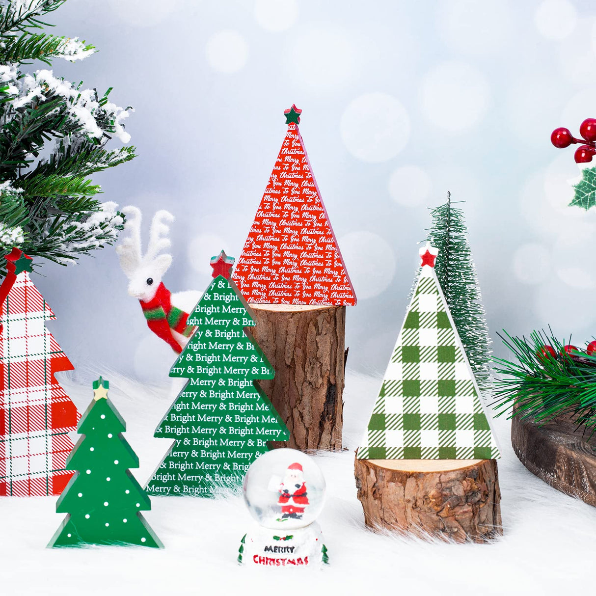Whaline 5Pcs Wooden Christmas Tree Tabletop Decoration 3 Sizes Red Green Plaid Xmas Tree Table Centerpieces Rustic Sanding Christmas Tree Wood Sign for Home Office Fireplace Farmhouse Whaline