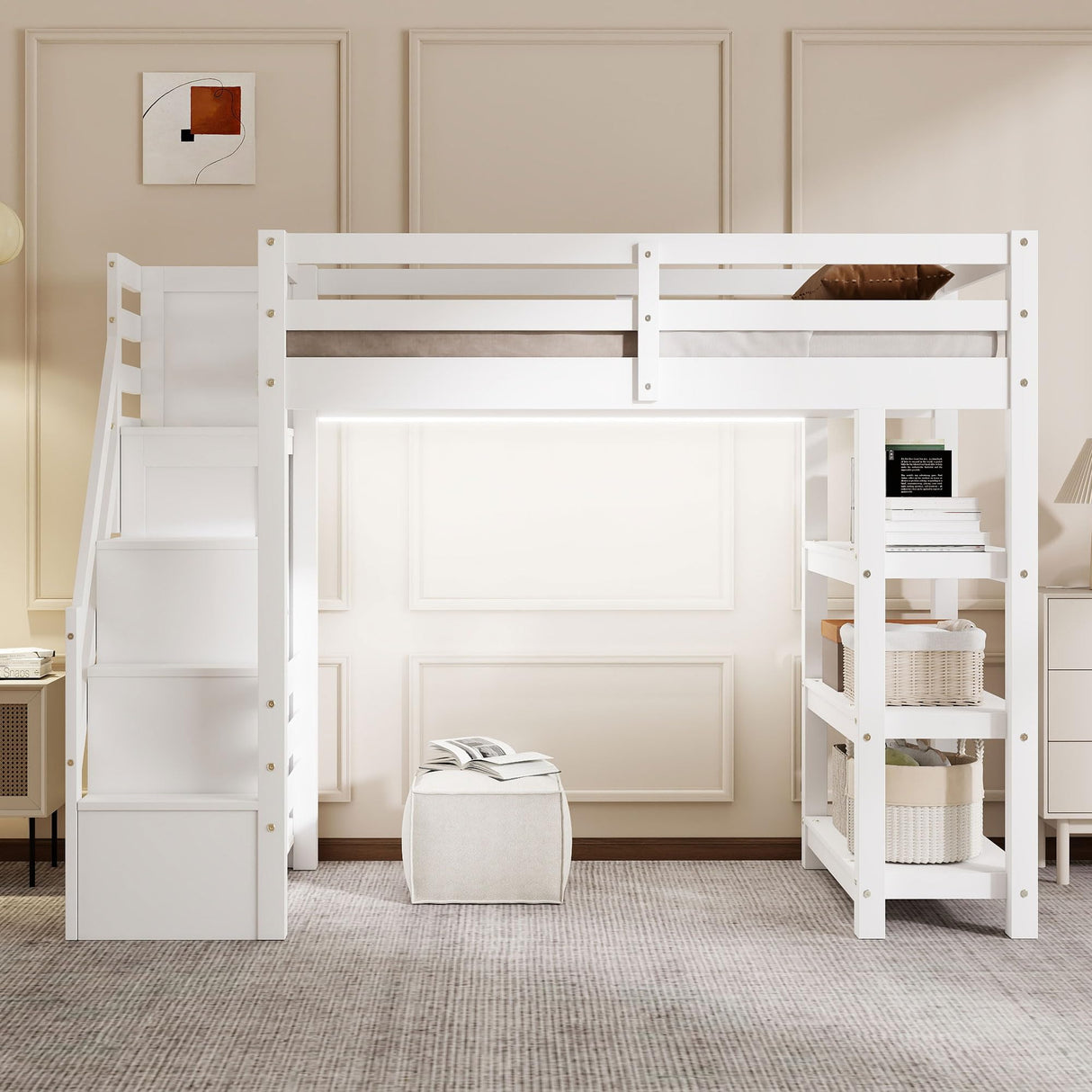 Harper & Bright Designs Twin Size Loft Bed with Stairs and LED Lights, Wood Twin Loft Bed with Storage Shelves and Wardrobe, Loft Bed Frame with Guardrails for Kids Girls Boys, White Harper & Bright Designs
