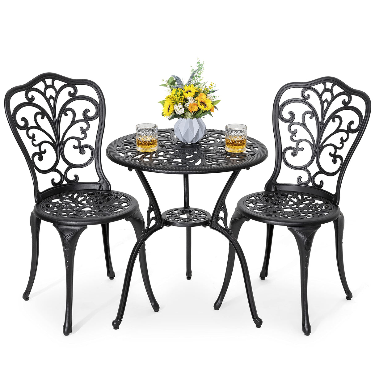 NUU GARDEN 3 Piece Bistro Set Outdoor, All Weather Cast Aluminum Patio Bistro Sets Patio Table and Chairs Set of 2 with Umbrella Hole for Yard, Balcony, Black, Butterfly Backrest NUU GARDEN