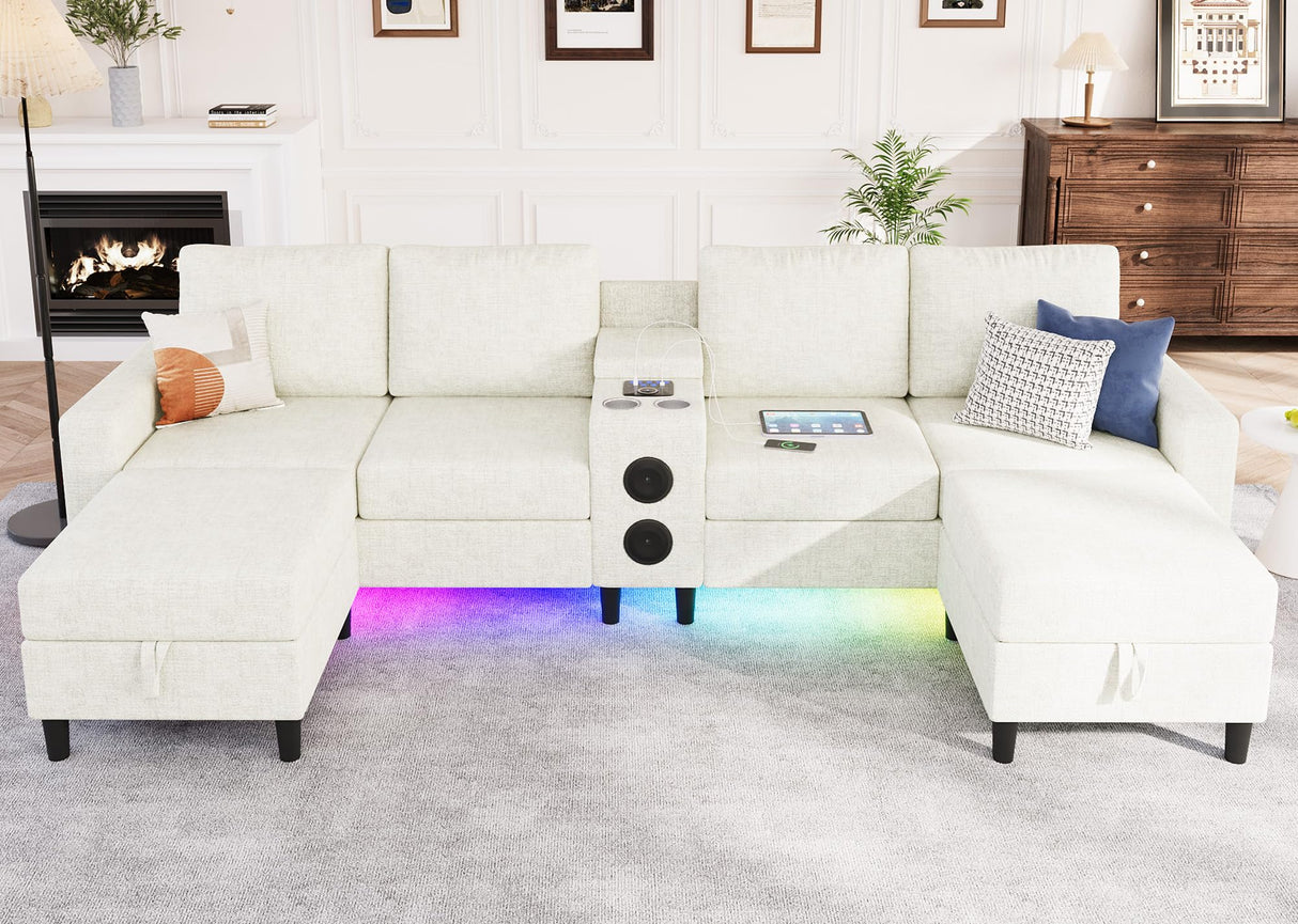 ZSDT Sectional Couches for Living Room, 6 Seat Sectional Sofa Smart Module-Bluetooth Speaker/RGB Light/Charging Station, Chenille U Shaped Couch with 2 Movable Storage Ottomans (Beige) ZSDT