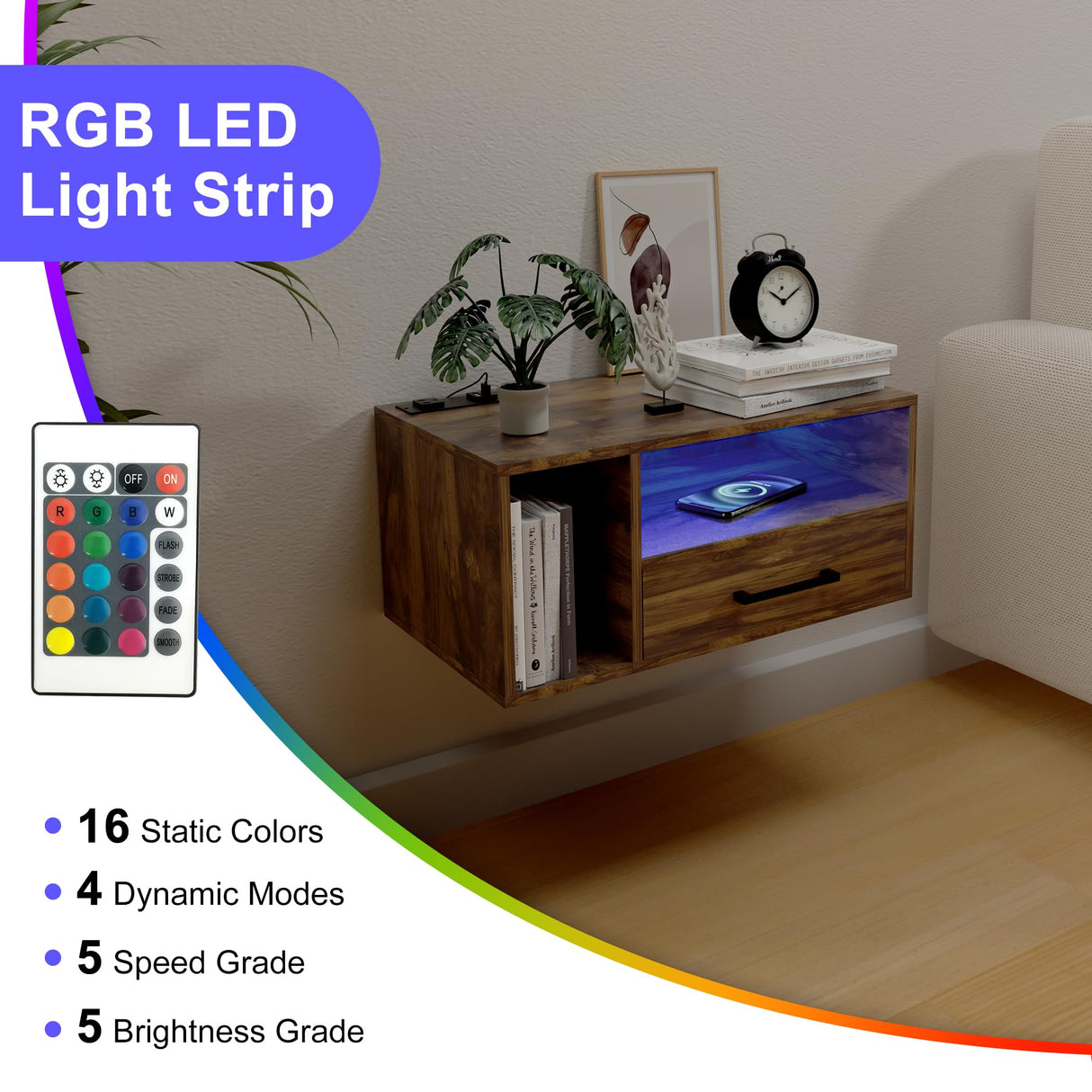 Homaterial Floating Nightstand with Charging Station and LED Lights, Floating Bedside Table with Drawers Wall Mounted Nightstands,for Bedroom Room, 21.3" x 11.8" x 10",Rustic Brown Homaterial