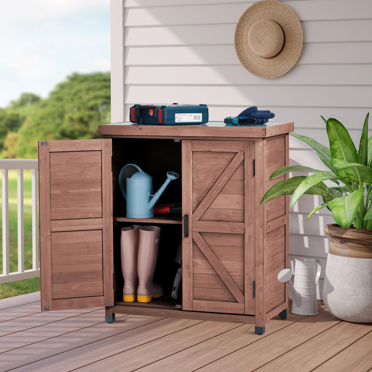 Potting Bench with Storage Cabinet and Metal Table Top for Outdoor Patio, Garden Furniture Wood Workstation Mederla