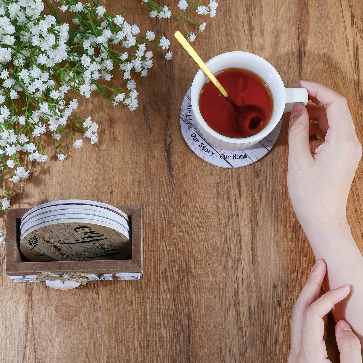 Queekay Housewarming Gifts for Home Decoration Wooden Heart Coasters for Drinks 6 Set Farmhouse Coasters with Holder Funny for Family Coffee Table Protection, 4''(Classic Farmhouse) Queekay