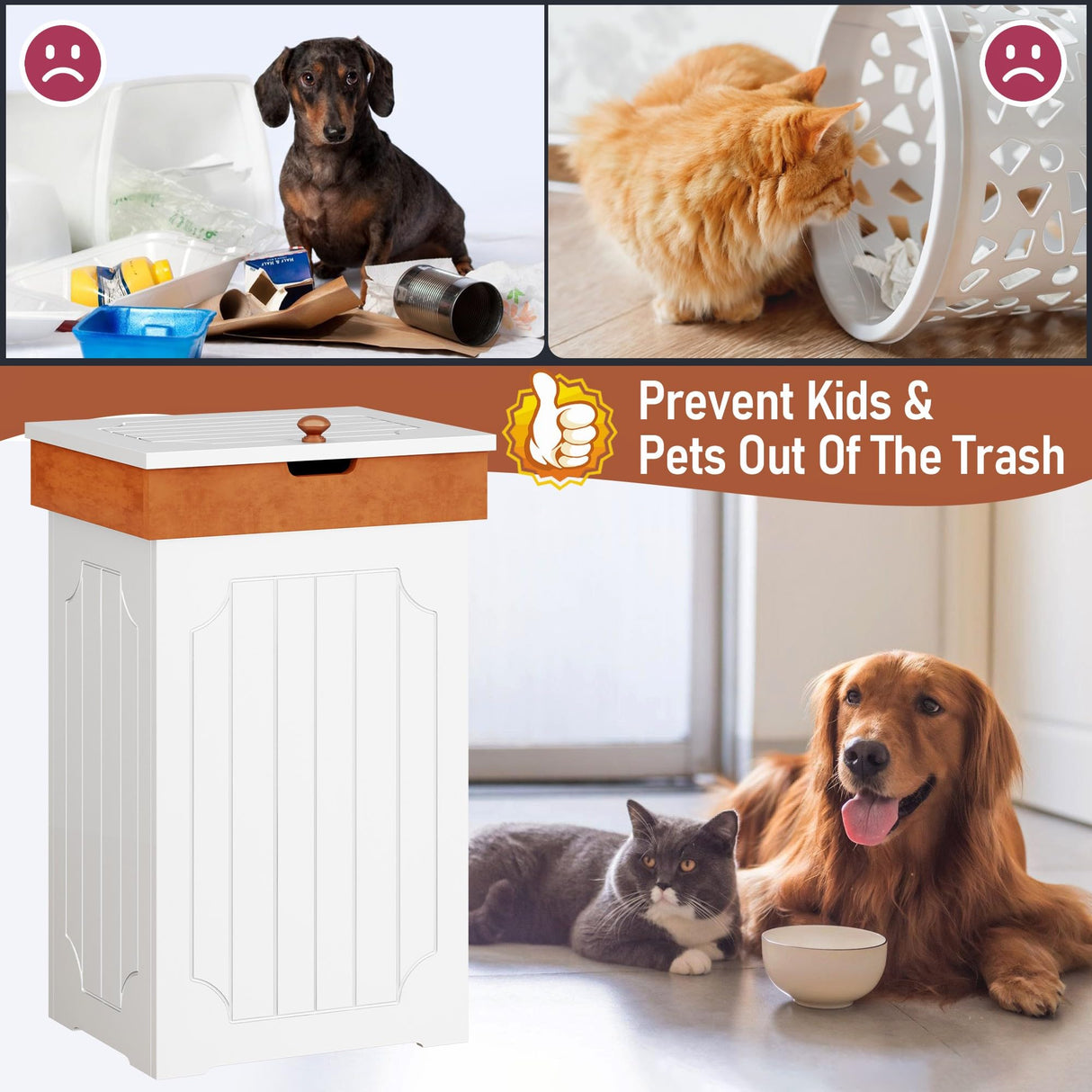 Function Home Trash Can Cabinet, 13 Gallon Kitchen Garbage Can, Wooden Recycling Trash Bin, Dog Proof Trash Can, Trash Cabinet with Lid for Home Kitchen Bathroom, White Function Home