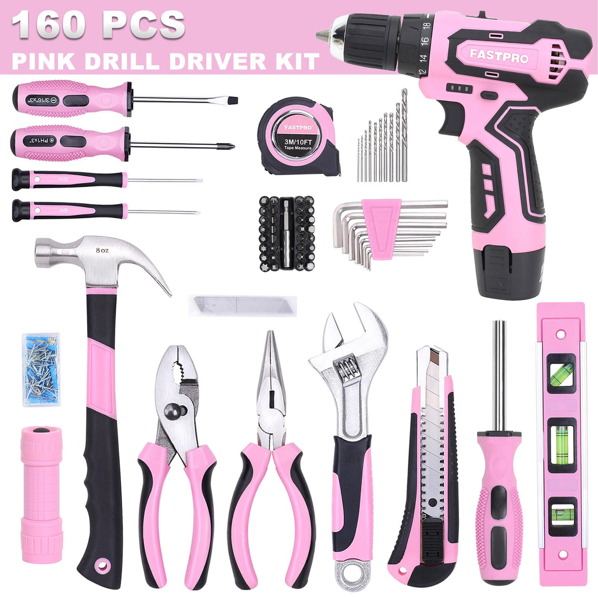 FASTPRO 160-Piece Pink Tool Set with 12V Cordless Lithium-ion Drill Driver, Lady's Home Repairing Tool Kit with Drill in Storage Case, For DIY, Home Maintenance. FASTPRO