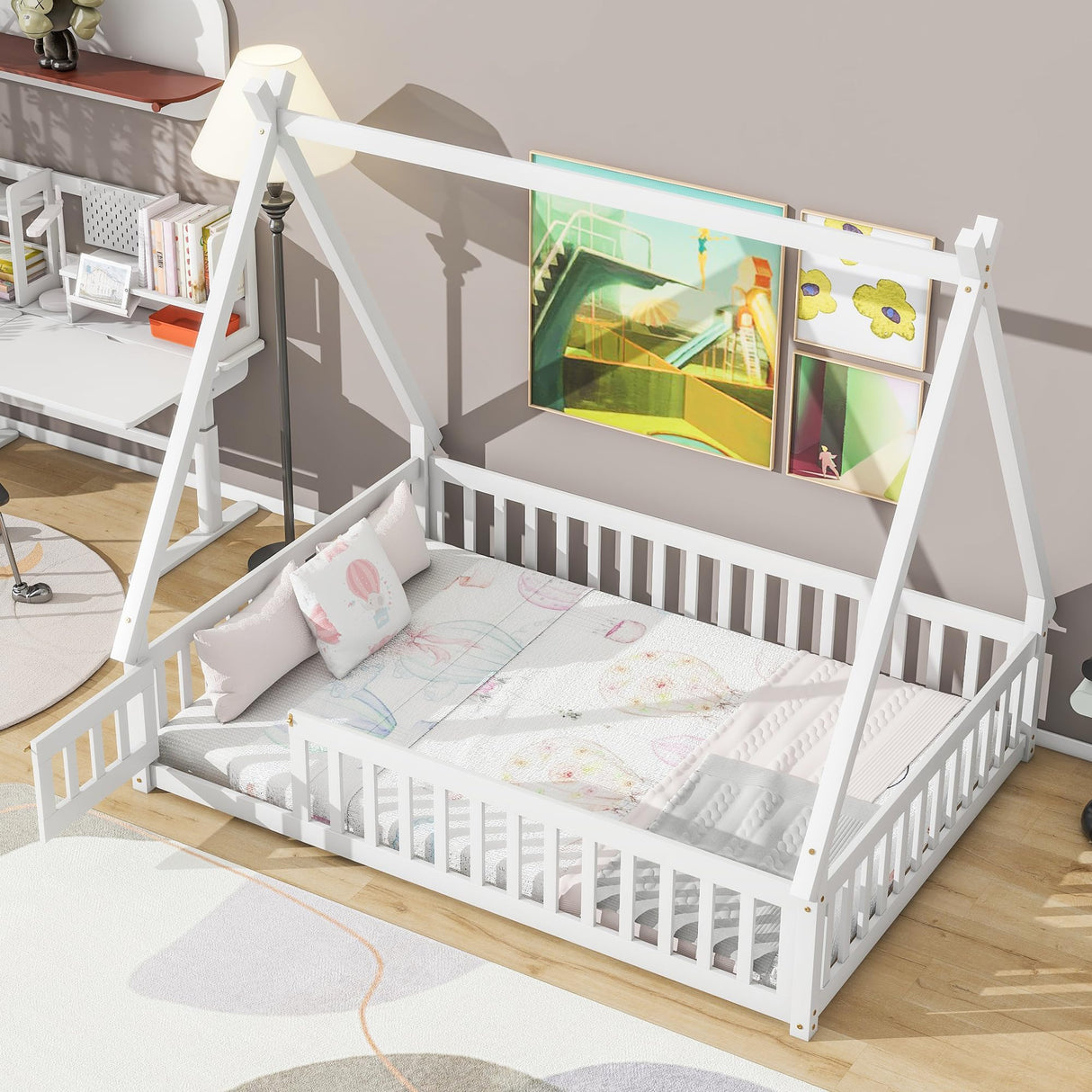 Full Size Teepee Tent Floor Bed with Guardrails & Door for Kids - White Wood Montessori Frame Bellemave