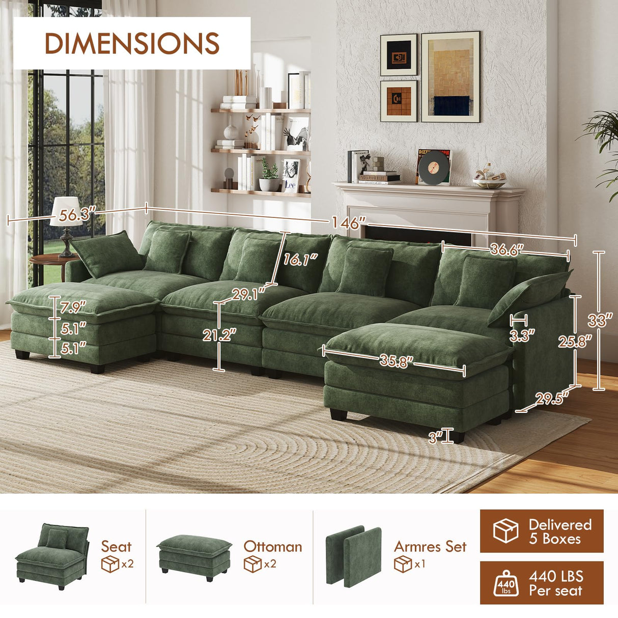 WorthFurni 146” Oversized Modular Sectional Sofa, U Shaped Cloud Couch Set, 4-Seater Comfy Chenille Couches with 2 Movable Ottomans, DIY Combination for Living Room (Green) WorthFurni