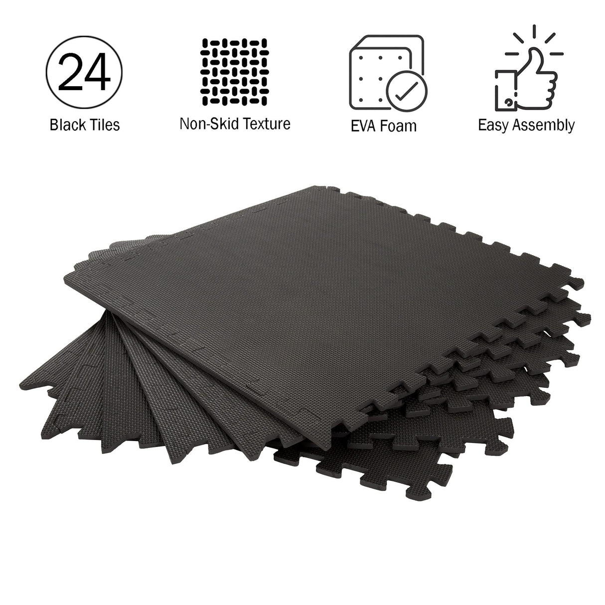 EVA Foam Mat Tiles 24-Pack - 96 SQ FT of Interlocking Padding for Garage, Playroom, or Gym Flooring - Exercise Mat or Baby Playmat by Stalwart (Black) Stalwart