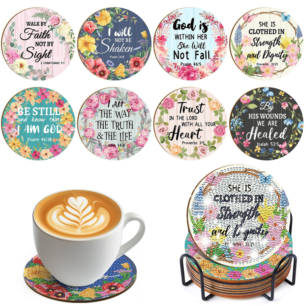 Sitsink Christian Diamond Painting Coasters - 8 Pcs Christian Bible Verse Diamond Art Coasters Kit, DIY Diamond Dot Coasters Kits for Adults, Bible Verse Diamond Painting Coasters Kits with Holders Sitsink