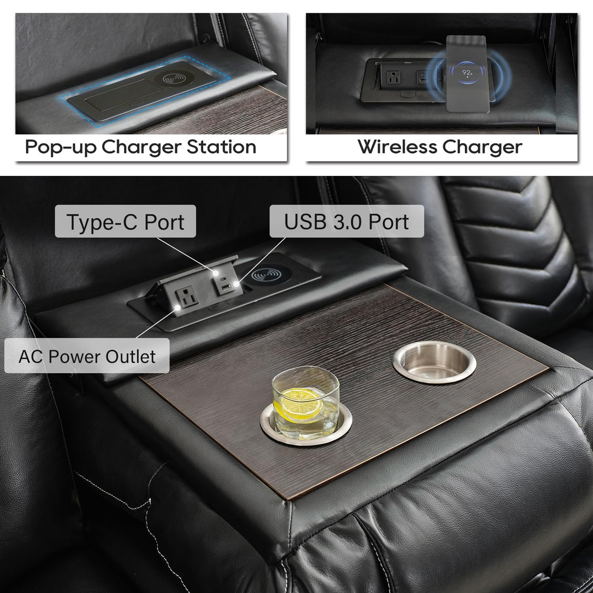 Manual Recliner Sofa Set 3 Piece with Wireless Charger for Living Room,Leather 3 Seater Reclining Couch with Bass Speaker and Loveseat Theater Seating,Home Electric Recliner Chair with LED Light,Black Comfort Stretch
