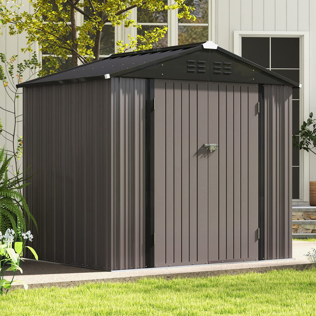 Patiowell 8x6 FT Outdoor Storage Shed, Metal Tool shed & Outdoor Storage with Lockable Doors & Air Vents, for Backyard Garden Patio, Brown Patiowell