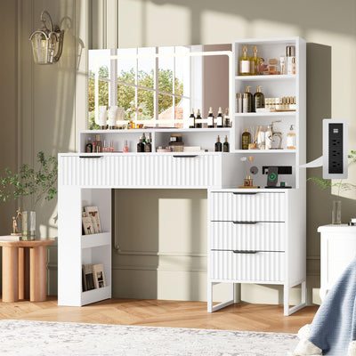 HAIOOU Fluted Vanity Desk with Mirror and Lights,48" Large Makeup Vanity Desk with Charging Station,Dressing Table with 4 Drawers & 3 Open Storage Shelves, Glass Top for Bedroom, White