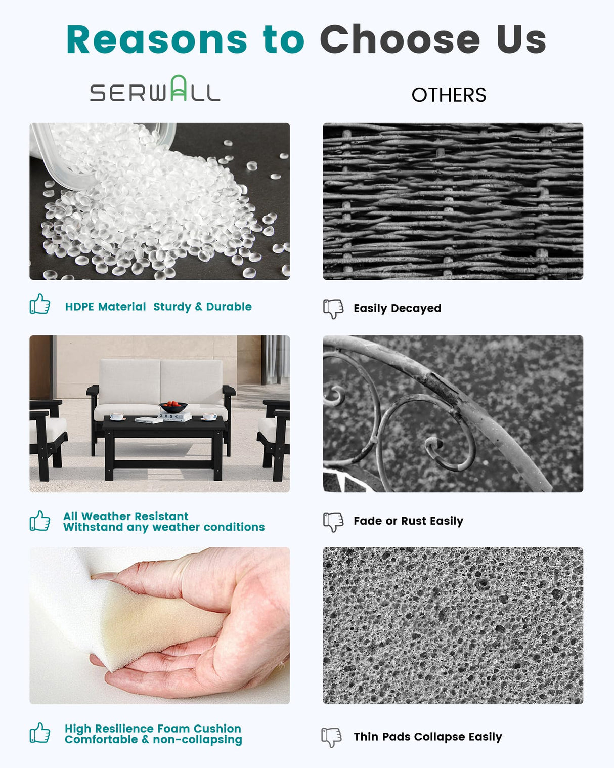 SERWALL HDPE Outdoor Patio Loveseat, Black Frame and Khaki Cushion SERWALL