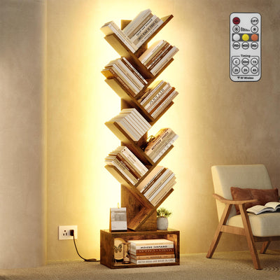 Hoctieon 9 Tier Tree Bookshelf, Tall Bookcase, Freestanding Book Shelf with LED Lights, Display Floor Standing Storage Shelf, Book Organizer Shelves for Home Office, Living Room, Rustic Brown