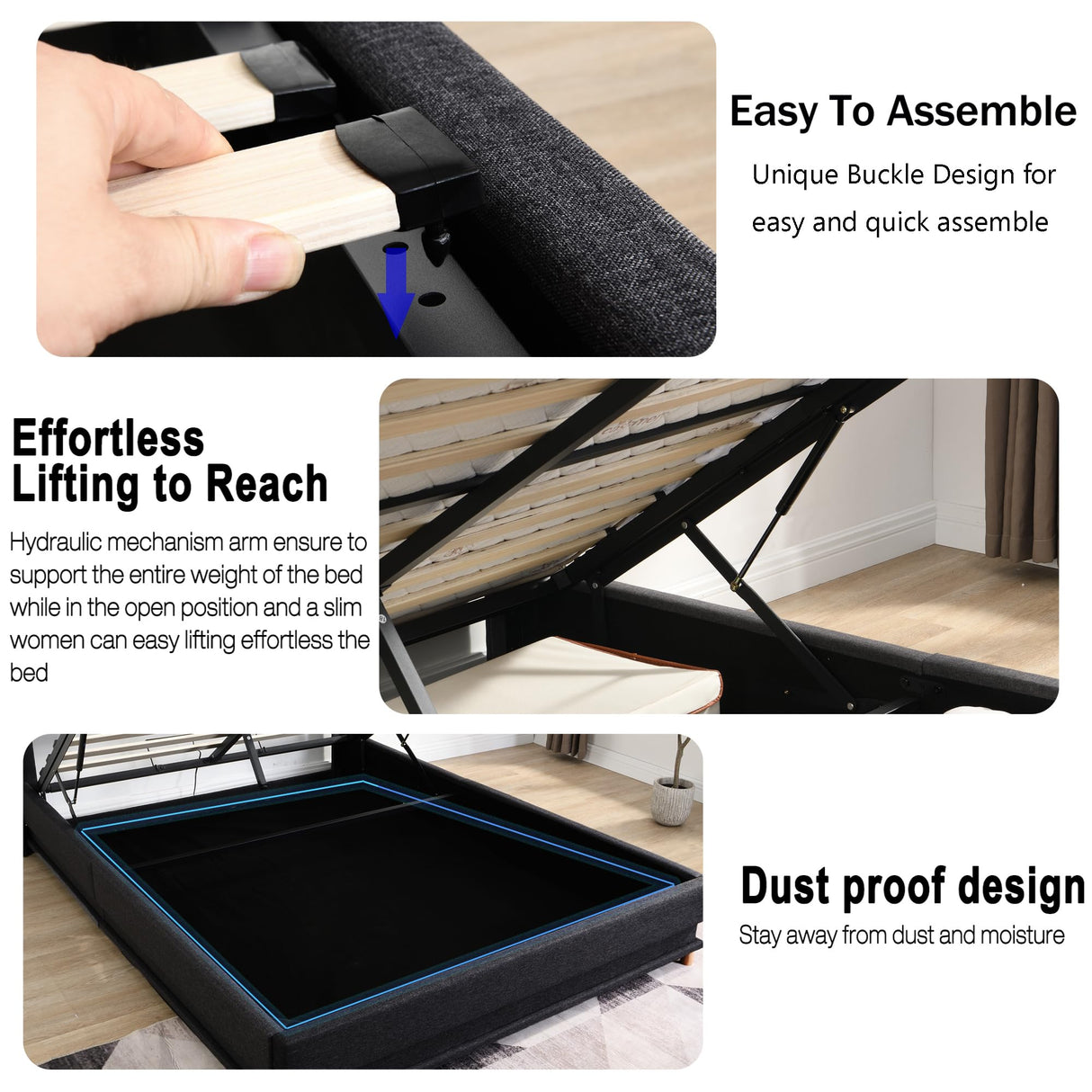 Ailisite Queen Lift-Up Storage Bed with Tufted Wingback Headboard and USB Charging Station, Black Upholstered Design Ailisite