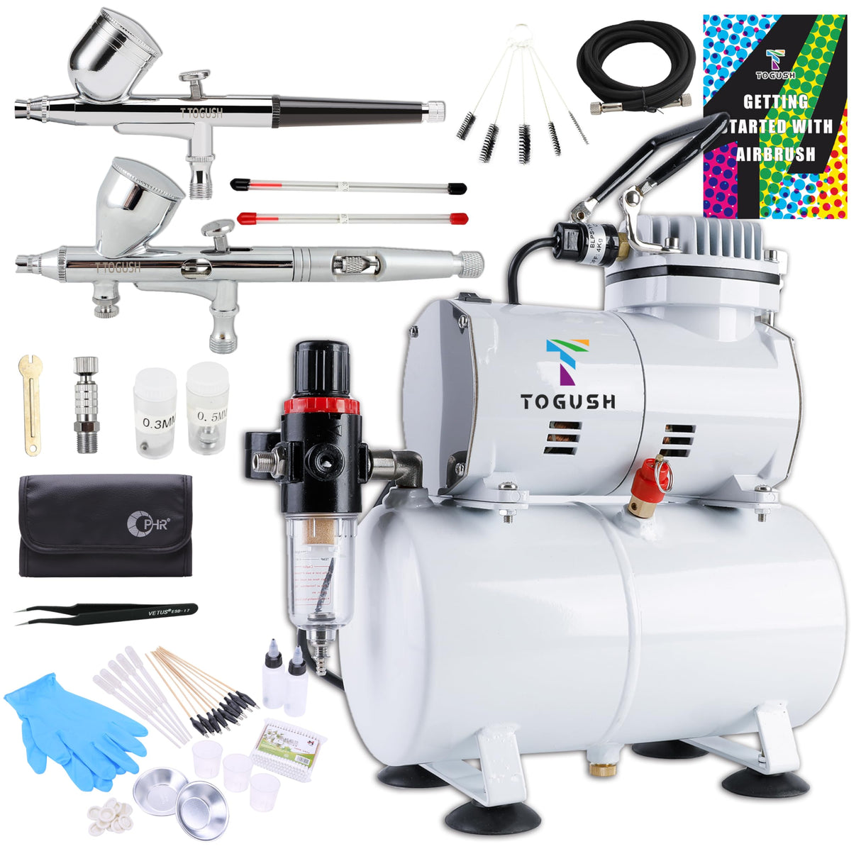 T TOGUSH Airbrush Kit with Air Tank Compressor 2 Dual-Action Gravity Airbrush with 0.2mm 0.3mm 0.5mm Nozzle Air Compressor with Airbrush Coloring Tool Cleaning Brush for Model Paint Hobby Craft T TOGUSH