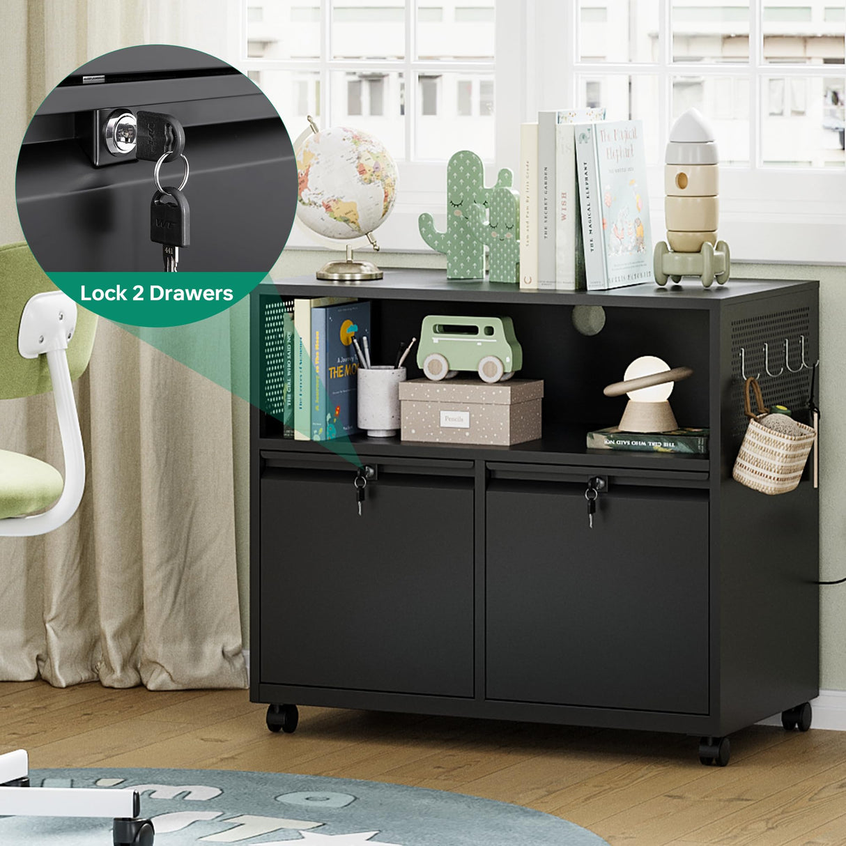 Letaya Mobile 2 Drawer File Cabinet with Lock, Metal Lateral Printer Stand Filing Storage Cabinets with Shelves for Home Office-A4/F4/Letter (Black) Letaya