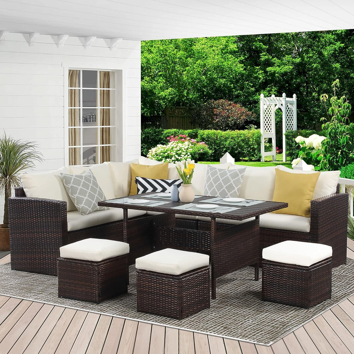 Wisteria Lane Patio Furniture Set, 7 Piece Outdoor Dining Sectional Sofa with Dining Table and Chair, All Weather Wicker Conversation Set with Ottoman, Brown Wisteria Lane