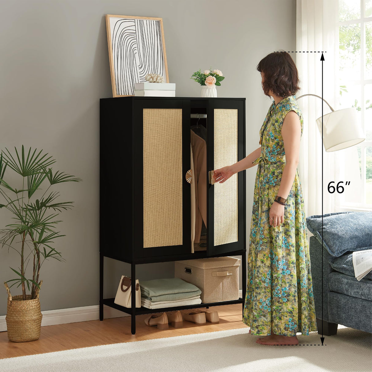 MtuxuYR Bedroom Armoire,Wooden Rattan Armoires Metal Frame with Large Storage Space & Elegant Handle 2 Doors for Bedroom(Black) MtuxuYR