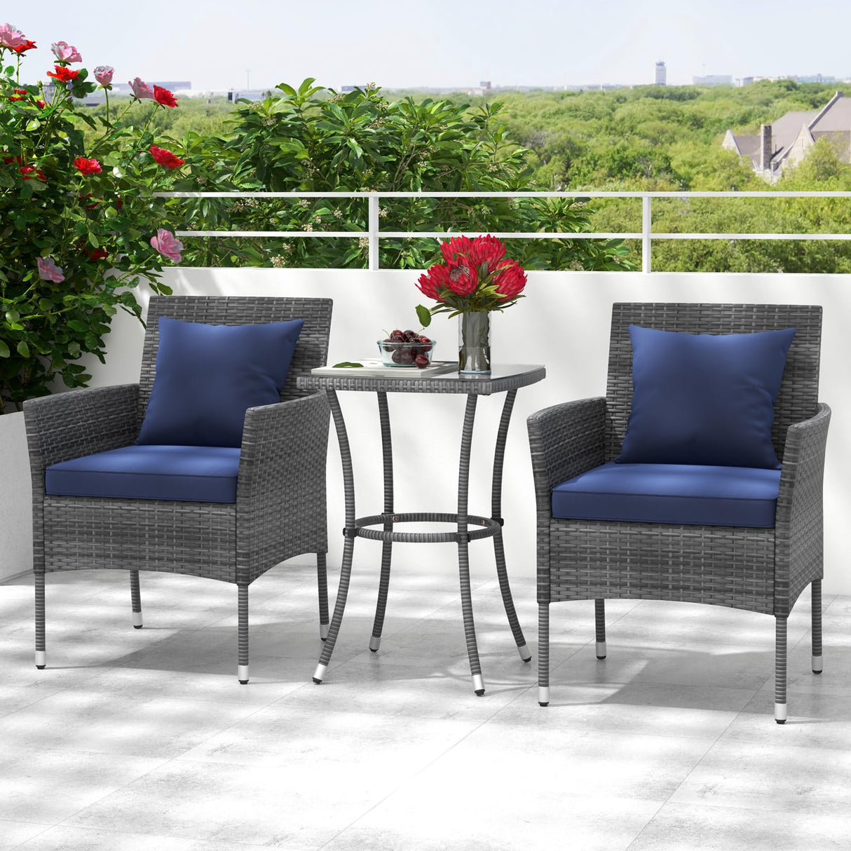 Tangkula 3-Piece Patio Furniture Set, PE Wicker Conversation Bistro Set w/A Tempered Glass Table & 2 Cushioned Chairs, Outdoor Table & Chairs Set for Patio Porch Yard Garden (Mix Gray+Navy) Tangkula