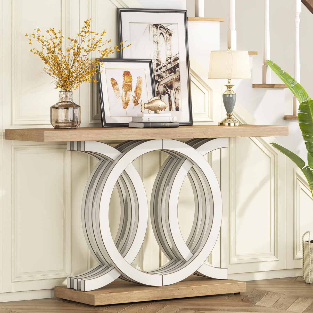 Tribesigns 55 in Console Table with Geometric Base, Modern Hallway Table, Wooden Entryway Table, Foyer Sofa Table, Unique Long Accent Table for Decoration and Organization (White) Brand Tribesigns
