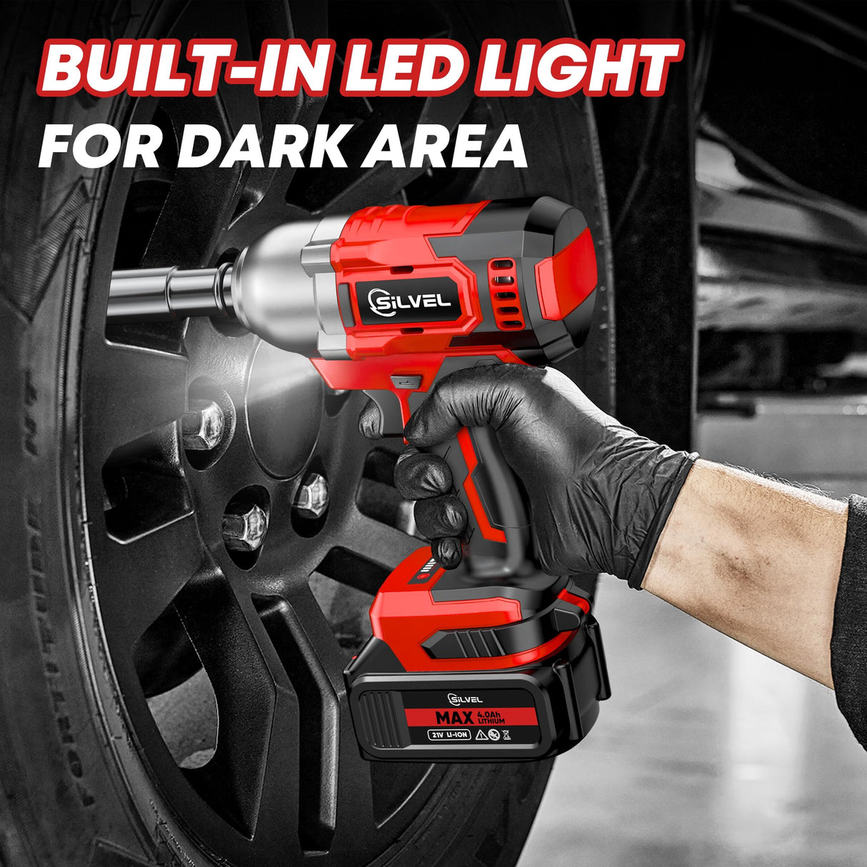 SILVEL Cordless Impact Wrench, MAX 650N.M Brushless Impact Gun 1/2 inch, 4.0Ah Battery, 6 Sockets, 3300RPM Impact Driver wih Fast Charger SILVEL