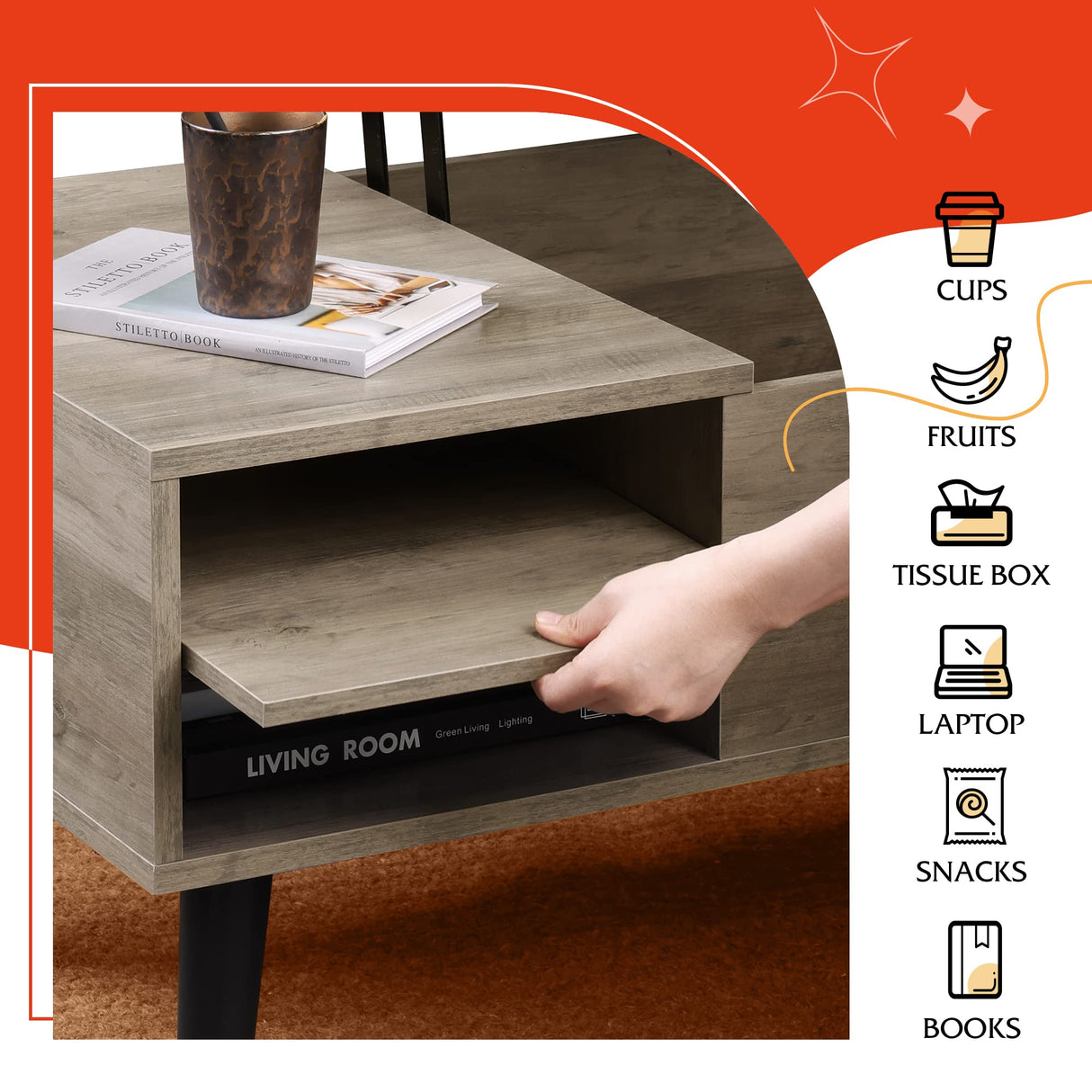 WLIVE Lift Top Coffee Table with Storage for Living Room,Small Hidden Compartment and Adjustable Shelf,Mid Century Modern ,Wood,Greige WLIVE