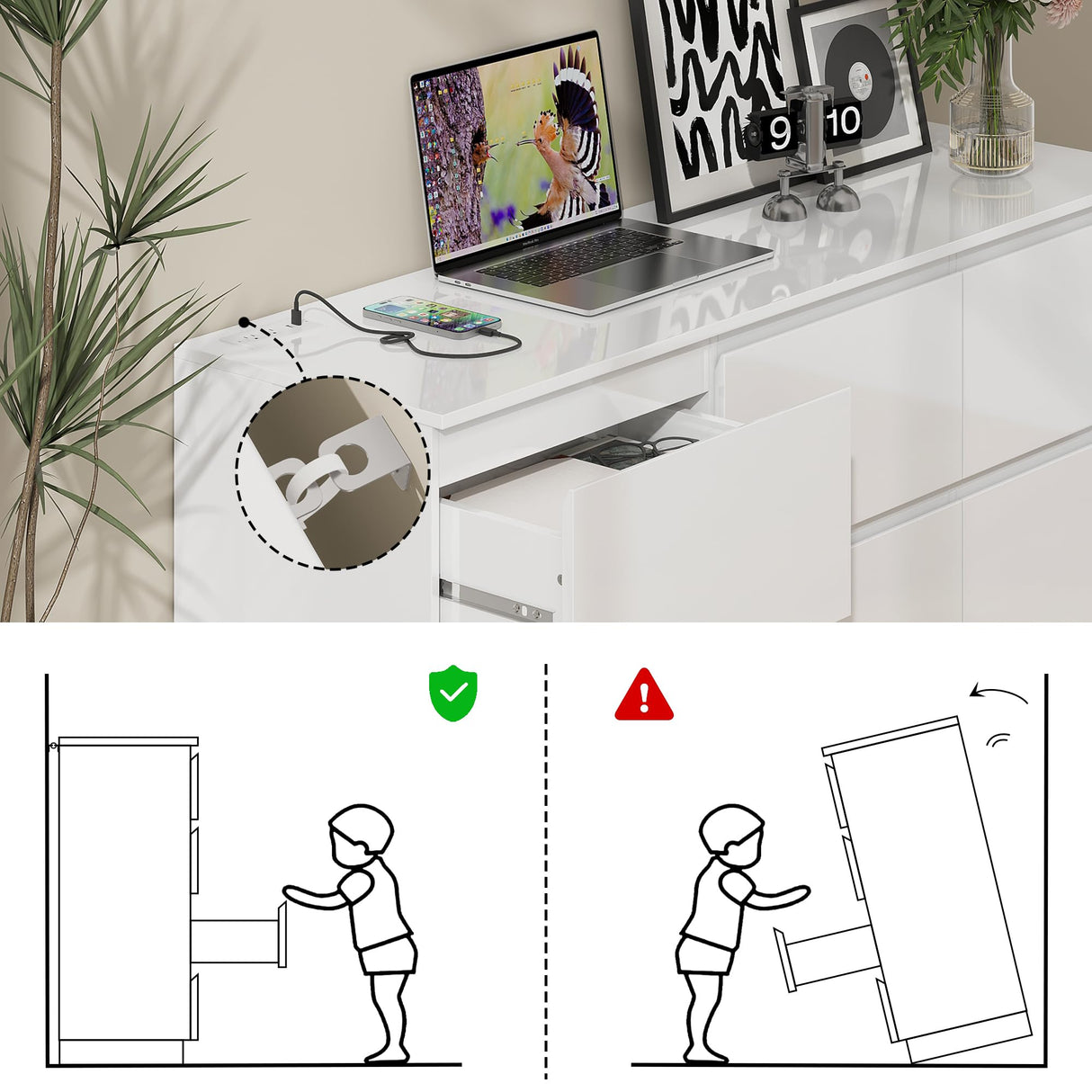 wanan 9 Drawer Dresser, Glossy White Dresser with LED Lights & Charging Station, Ball Bearing Slide wanan