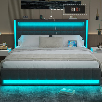 CSZZD Queen Bed Frame with Adjustable Headboard, RGB LED Lights & Built-in Charging Station in Dark Grey