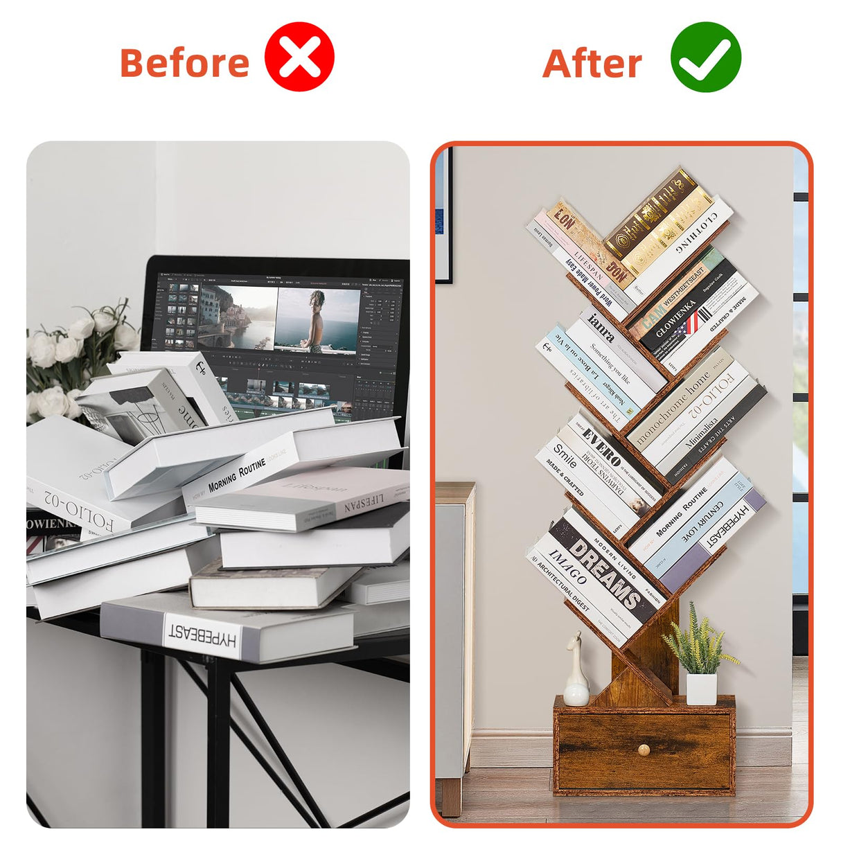 SHEEPAM 8-Tier Tree Bookshelf with Drawer - Rustic Brown Free Standing Bookcase for Small Spaces SHEEPAM