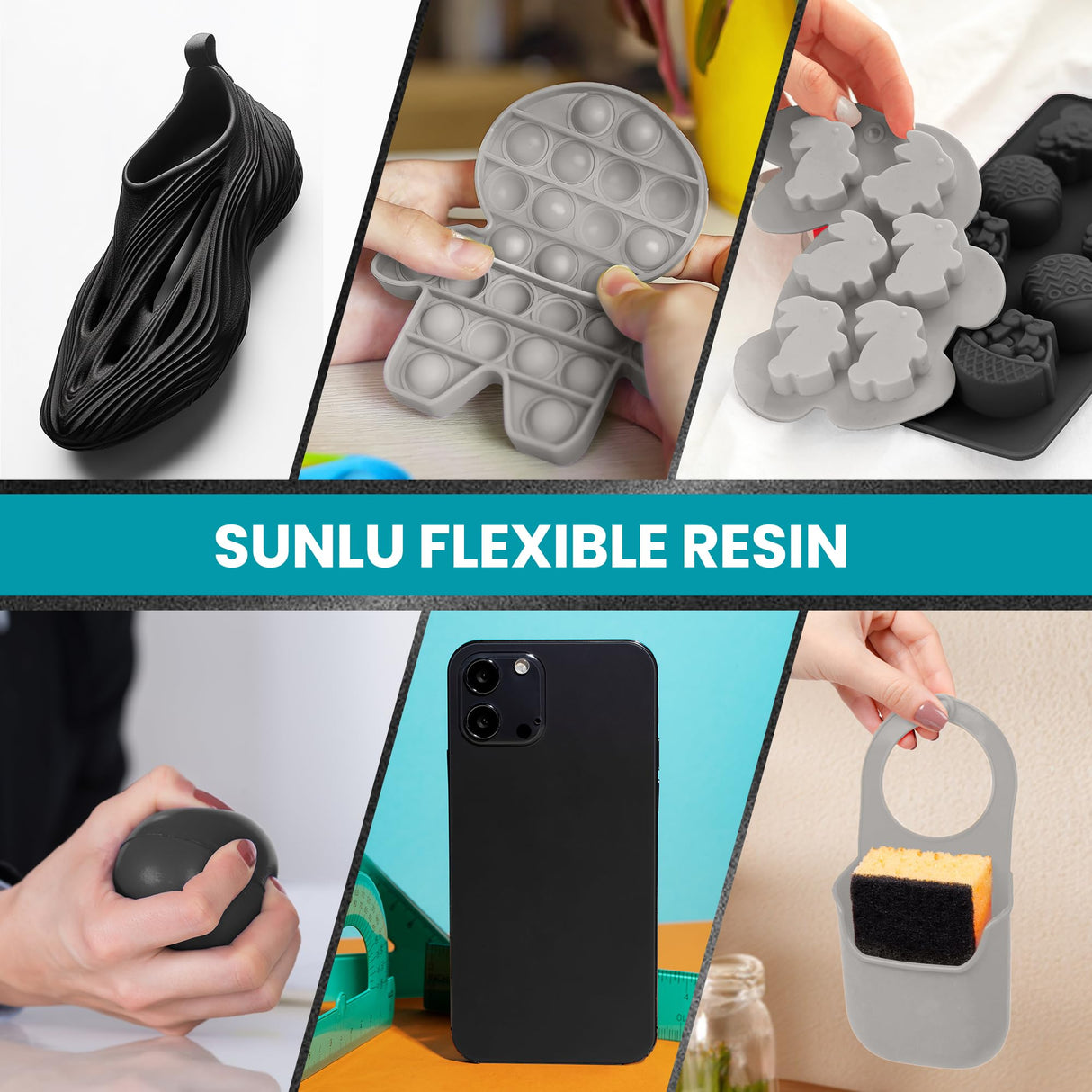 SUNLU Flexible 3D Printer Resin 2KG, 66A 3D Printing Resin for Printing Soft and Flexible Items, Bendable and Not Brittle, Fast Curing 405nm UV Photopolymer Resin. (2000G Gray) SUNLU