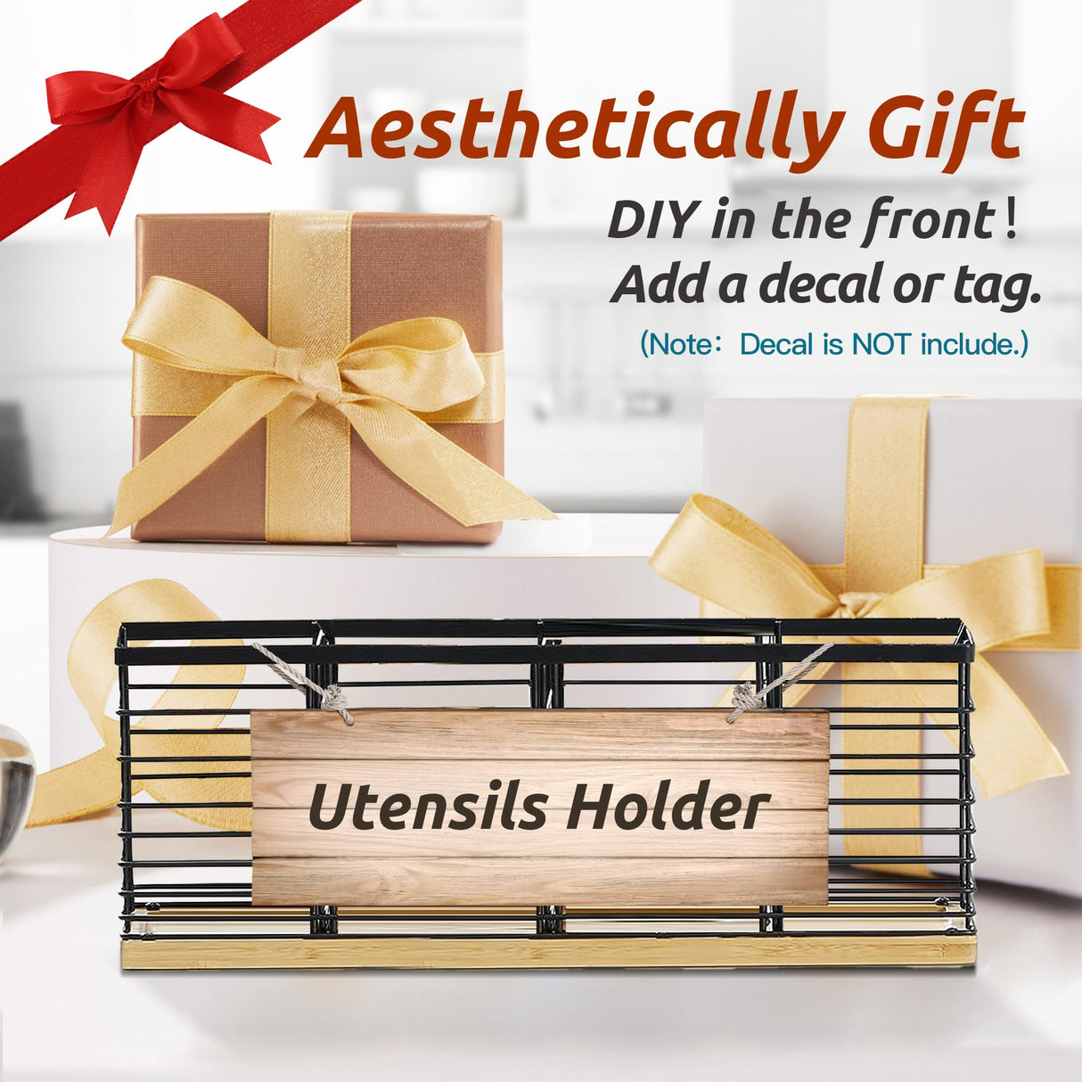 Suli Extra Large Kitchen Utensil Holder with 4 Compartments,Matte Black Metal holder with Wooden Base for Kitchen Countertop,Farmhouse Cooking Utensil Storage, Rustic Cooking Utensil Suli