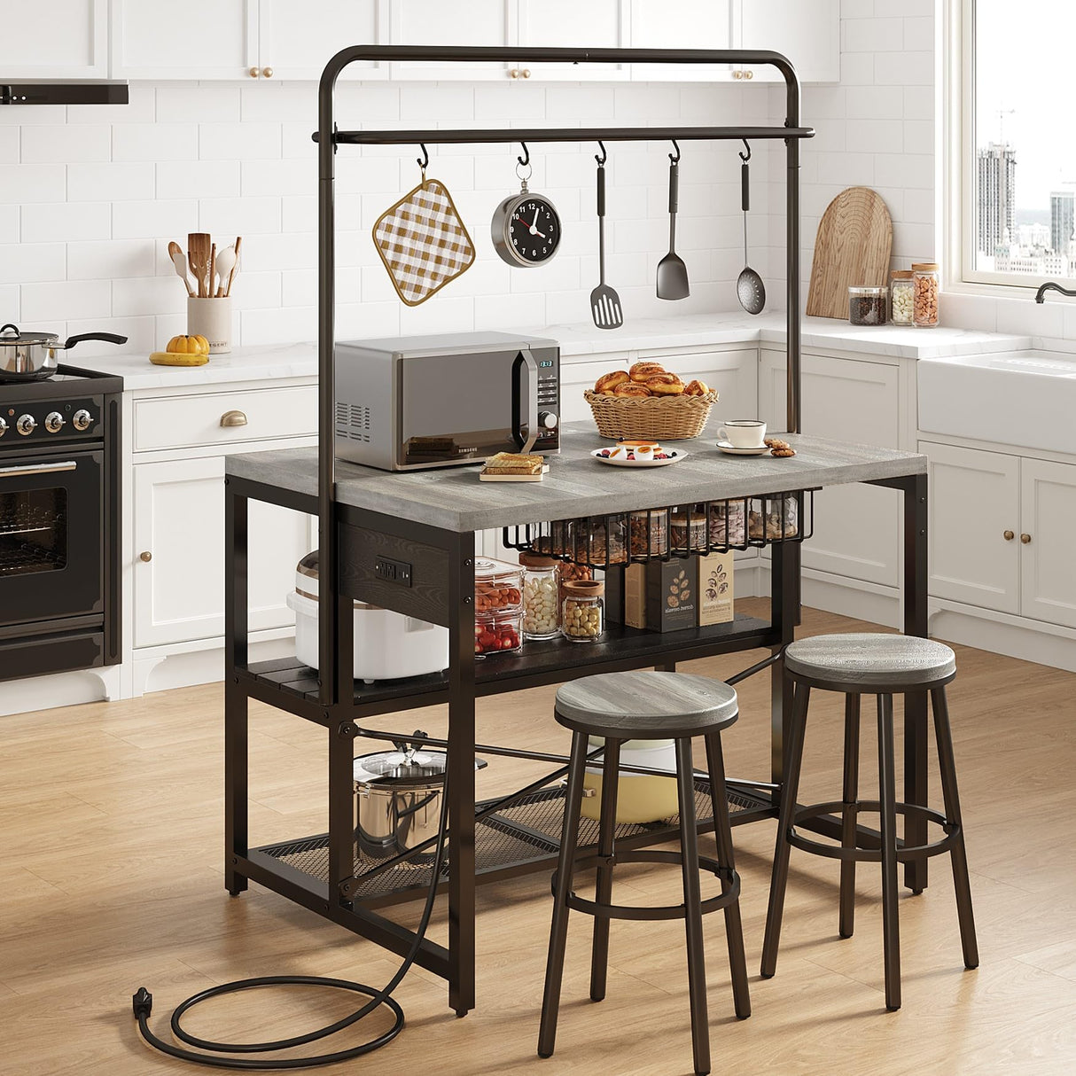 Jocoevol 46" Large Kitchen Island Table Baker Rack with Power Outlet and 3-Tier Storage-Microwave Stand Oven Shelf, Metal Coffee Bar Table,Kitchen Storage Shelf for Dining Living Room, 5 Hooks,Grey Jocoevol