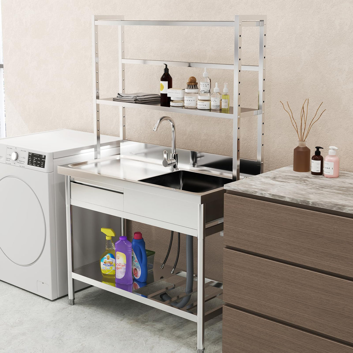 Toemics 39'' Stainless Steel Utility Sink, Free Standing Commercial Single Bowl Sink with Left Drawer & Shelves & Cold and Hot Water Pipe, Indoor and Outdoor Sink for Laundry Room, Garage, Kitchen Toemics