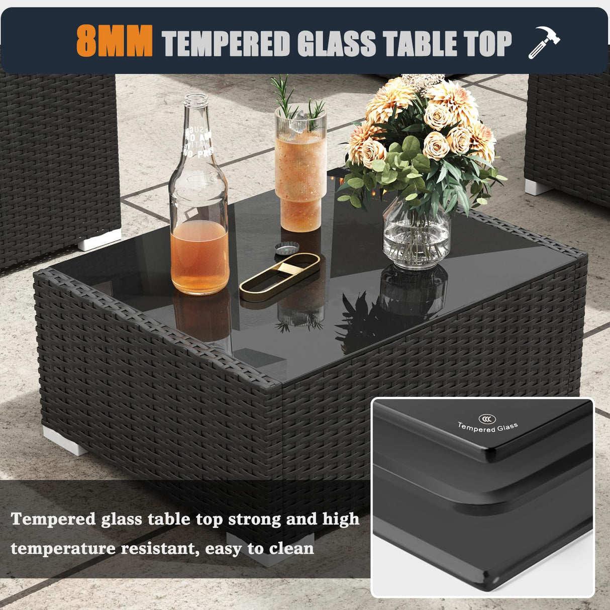 KHOLH Patio Furniture Set with Fire Pit Table, 7 Pieces Outdoor All-Weather Wicker Conversation Sectional Chair Sofa Set KHOLH