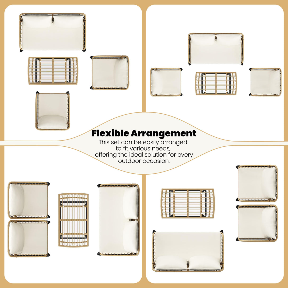 Yaheetech 4 Piece Patio Furniture Set, Outdoor Wicker Conversation Sets, Boho Loveseat & 2 Armchairs with Cushion and Pillow, Glass Top Table for Backyard, Porch, Balcony, Deck - Tan/Cream Yaheetech