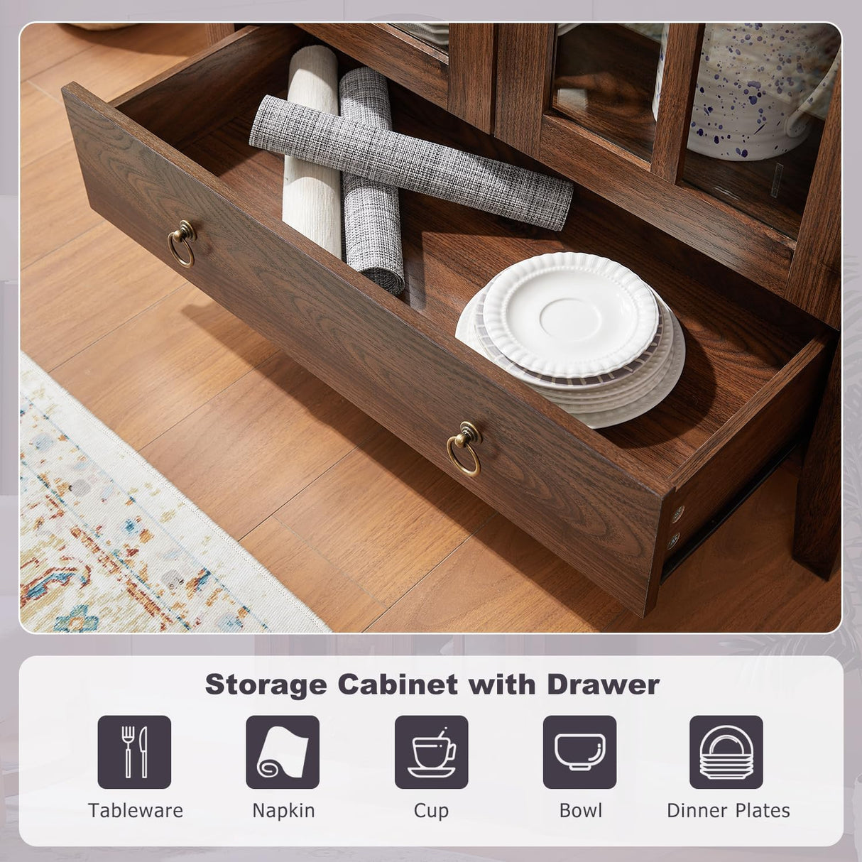 71" Tall Arched Cabinet, Modern Farmhouse Wooden Display Cabinet with Drawer and Glass Doors, 6 Tier Bookshelf w/Adjustable Shelves for Living Room, Office, Walnut WINWY