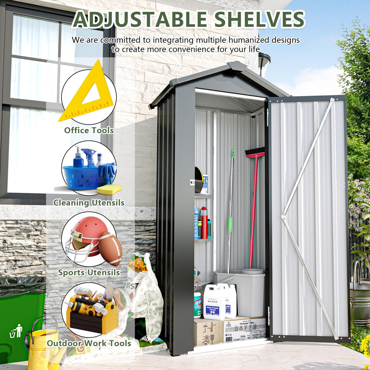Galvanized Steel Outdoor Storage Shed - Waterproof Metal Utility Cabinet with Lock, 65" Large Capacity for Garden Tools & Equipment, Easy Assembly (Black) Majnesvon