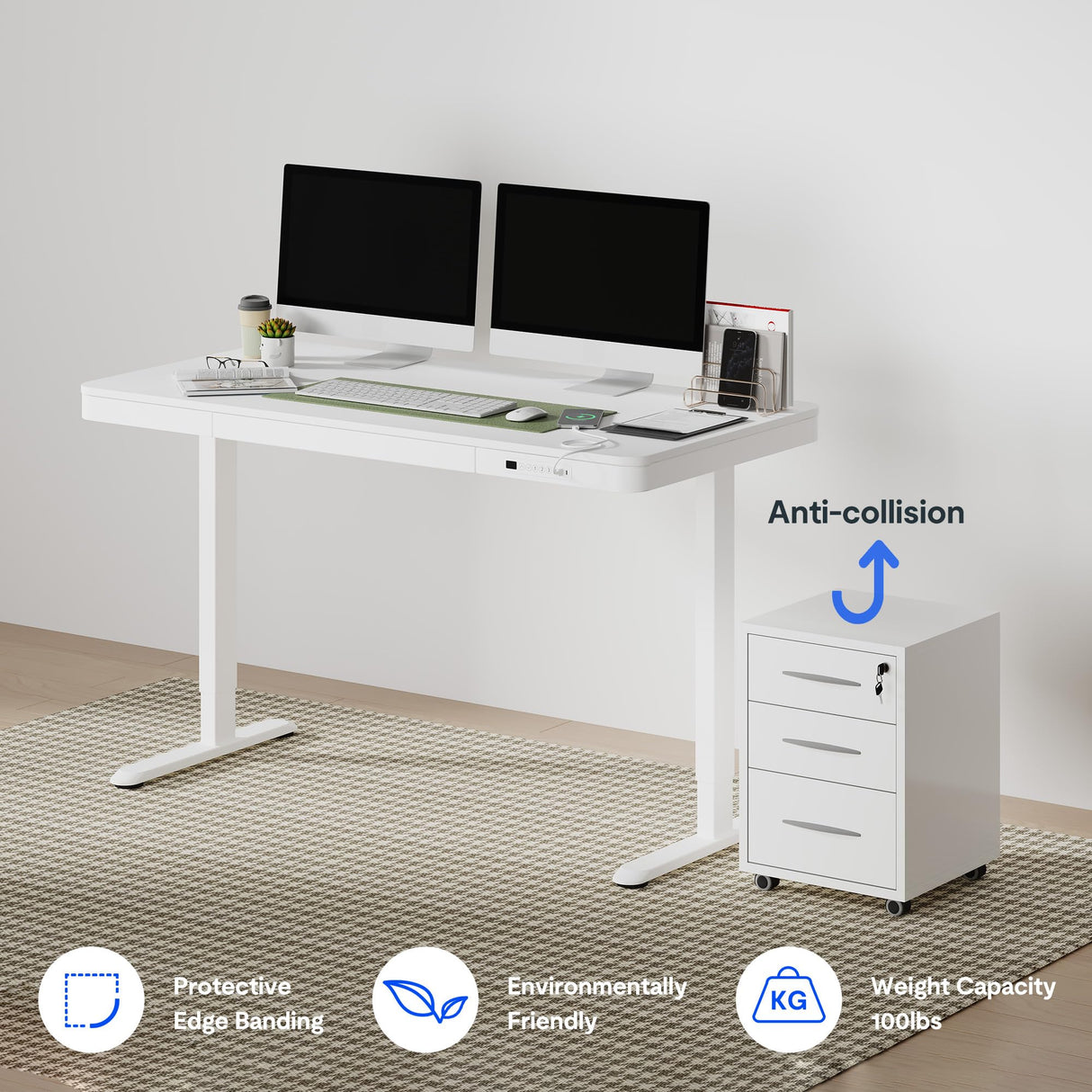 FLEXISPOT 55" White Electric Standing Desk with Drawers, Quick Assembly Home Office Sit Stand Desk with Storage, USB Charging, Computer Desk for Home Office (White Top + Adjustable Frame, Comhar) FLEXISPOT