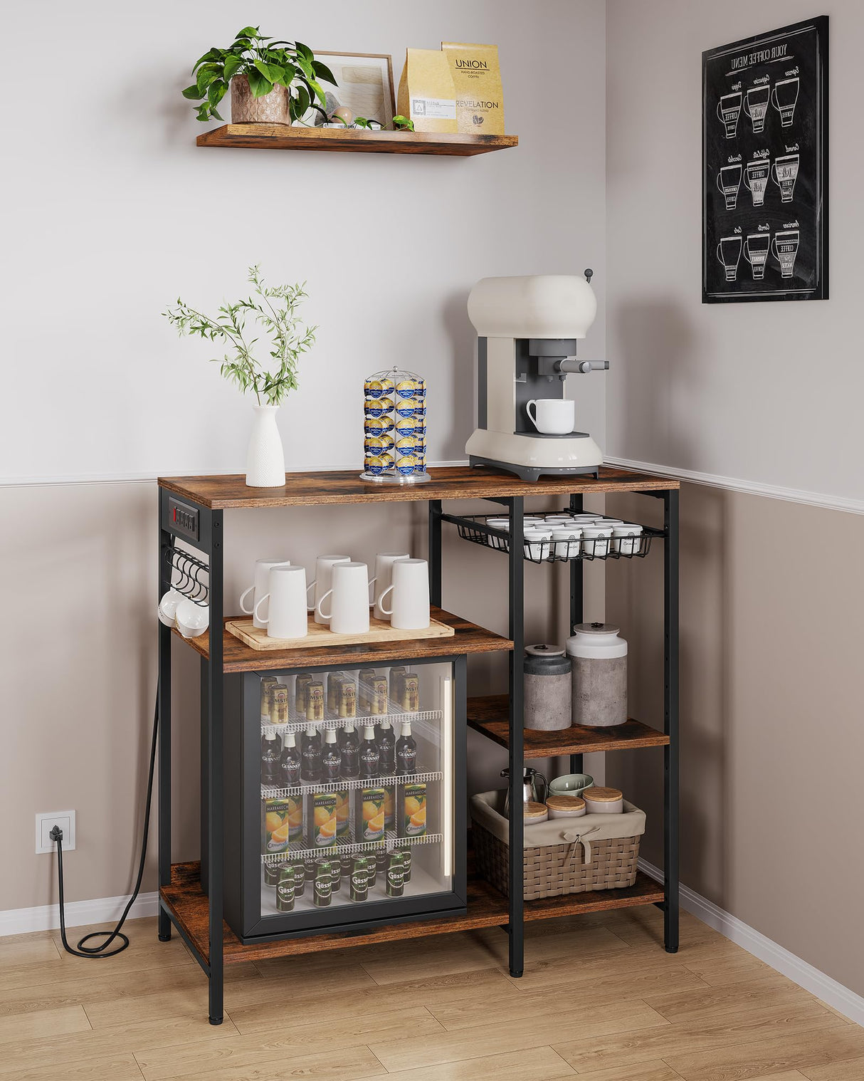 VASAGLE Baker's Rack, Coffee Bar Stand with Charging Station, Storage Shelves, Pull-Out Wire Basket, Table for Microwave, Kitchen, Rustic Brown UKKS036K01, 15.7 x 35.4 x 35.6 Inches VASAGLE