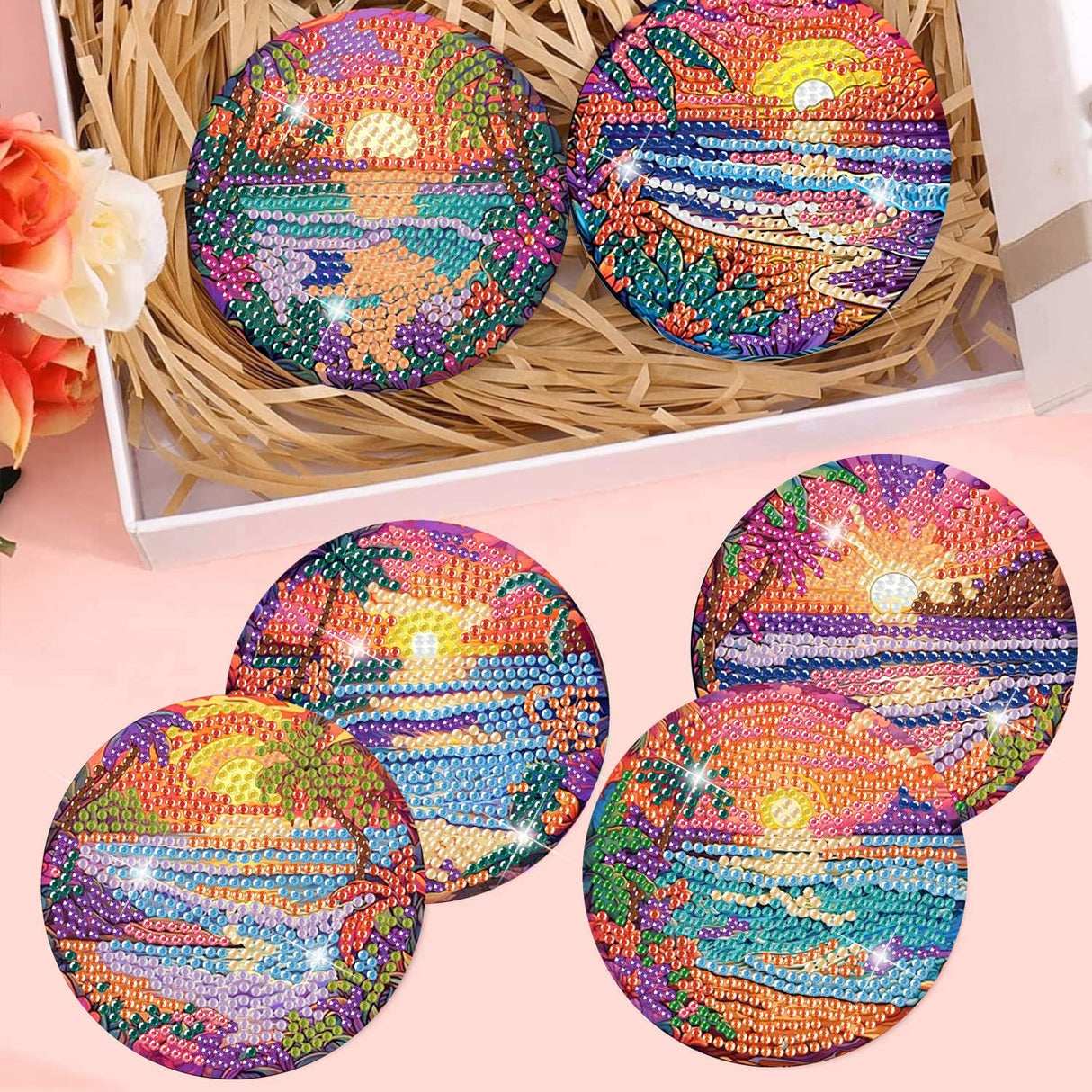 Meothan 8 Pcs Diamond Art Coasters kit with Holder Cork Pads, Diamond Dot Art Painting Coasters Kit for Adults (Sunset Beach) Meothan