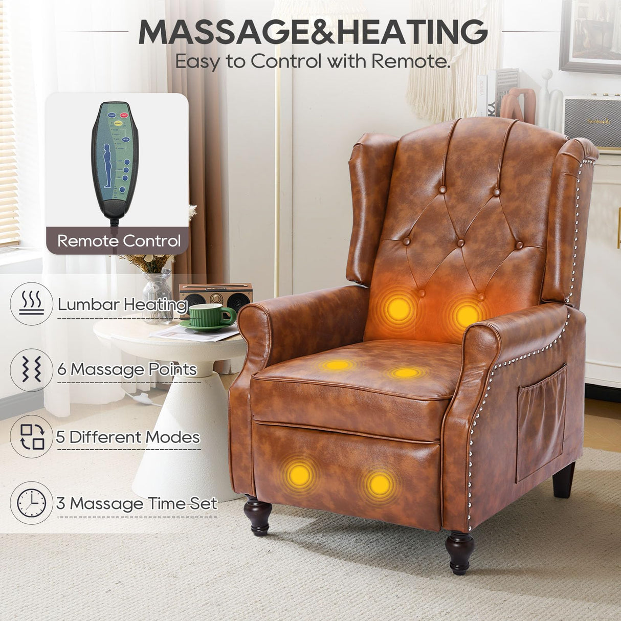 P.H.Furn Wingback Recliner Chair with Massage and Heat, PU Leather Living Room Chair Armchair with Nailhead Trim,Push Back Recliner Chair with Remote Control,Padded Cushion (2*Tawny Brown) P.H.Furn