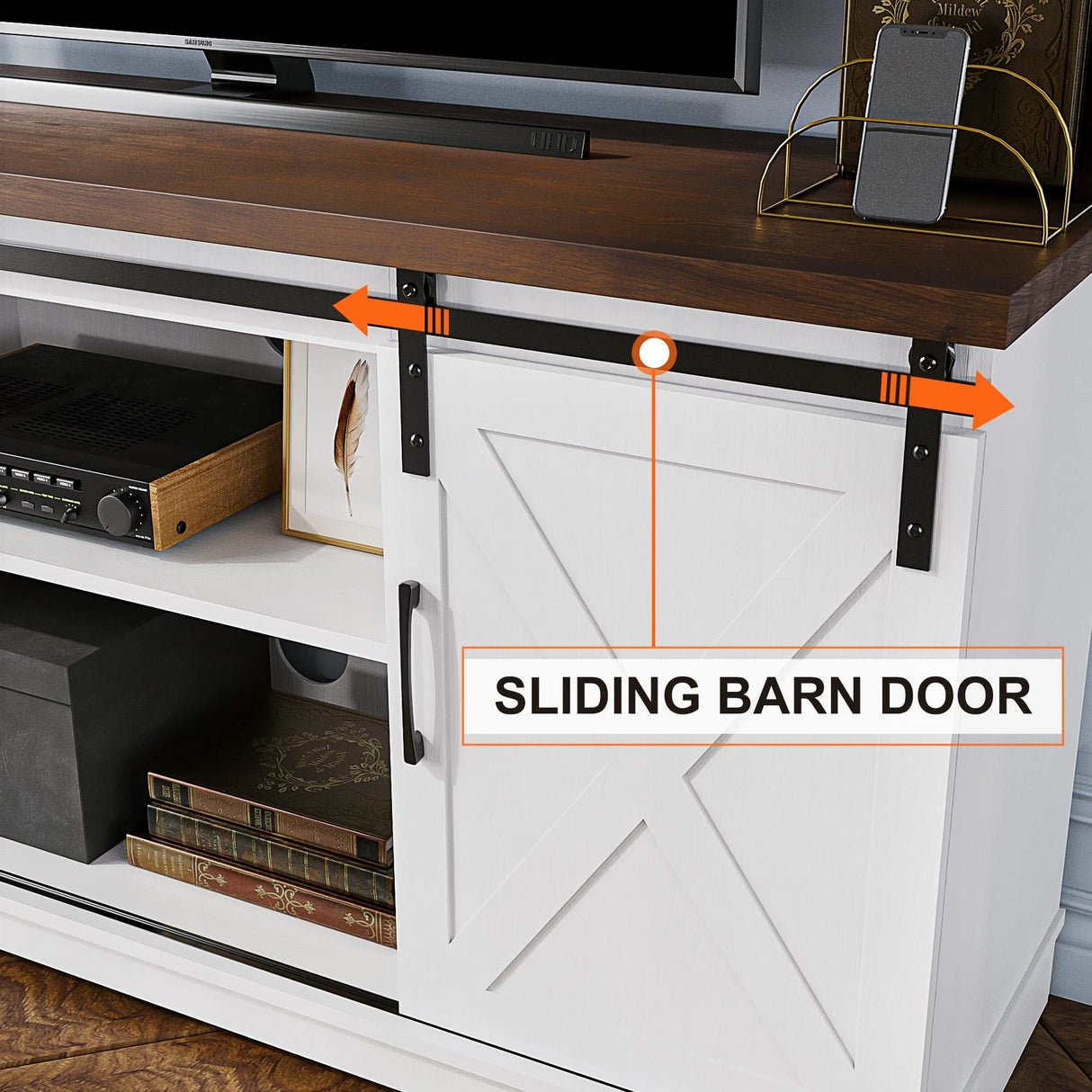 IDEALHOUSE TV Stand for 65 Inch TV, Farmhouse Entertainment Center TV Media Console Cabinet, Barn Door TV Stand with Storage and Shelves, Modern TV Console Table Furniture for Living Bedroom (White) IDEALHOUSE