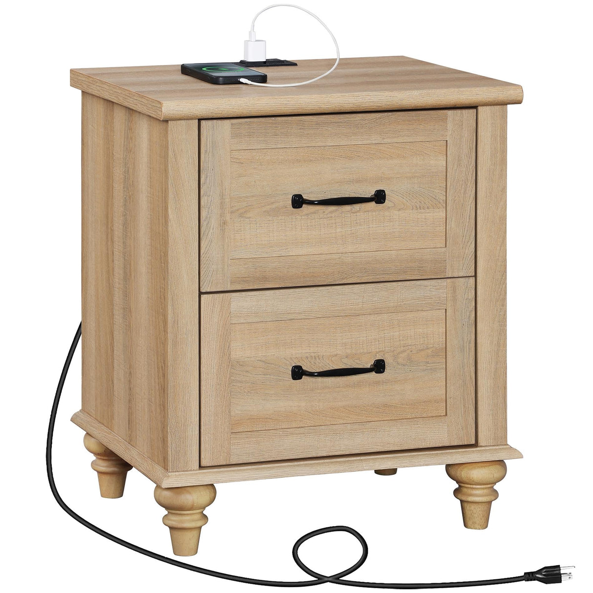 WAMPAT Nightstand with Charging Station, 20 Inch Night Stand with 2 Drawers, Wooden Rustic Bedside Table End Tables with Solid Wood Legs for Bedroom, Natural Oak WAMPAT