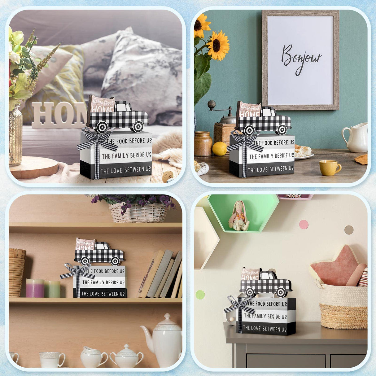 Jetec 4 Pcs Farmhouse Wooden Tabletop Decor Farmhouse Rustic Tiered Tray Decor Home Sweet Home Centerpiece Black and White Truck Buffalo Plaid Tabletop Sign for Kitchen Shelf Desk Decoration Jetec