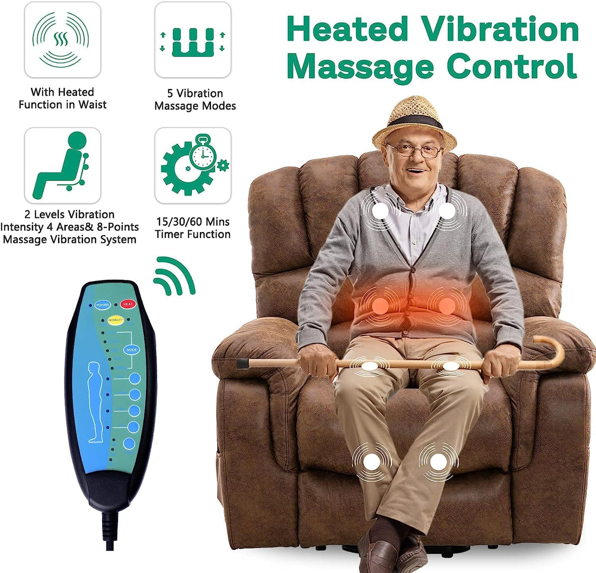 VIVIJASON Large Dual OKIN Motor Power Lift Recliner Chair for Elderly Big Man, 180° Lay Flat Electric Recliner with Heat & Massage, Infinite Position, 2 Remote Controls, Side Pockets & USB Port, Brown VIVIJASON