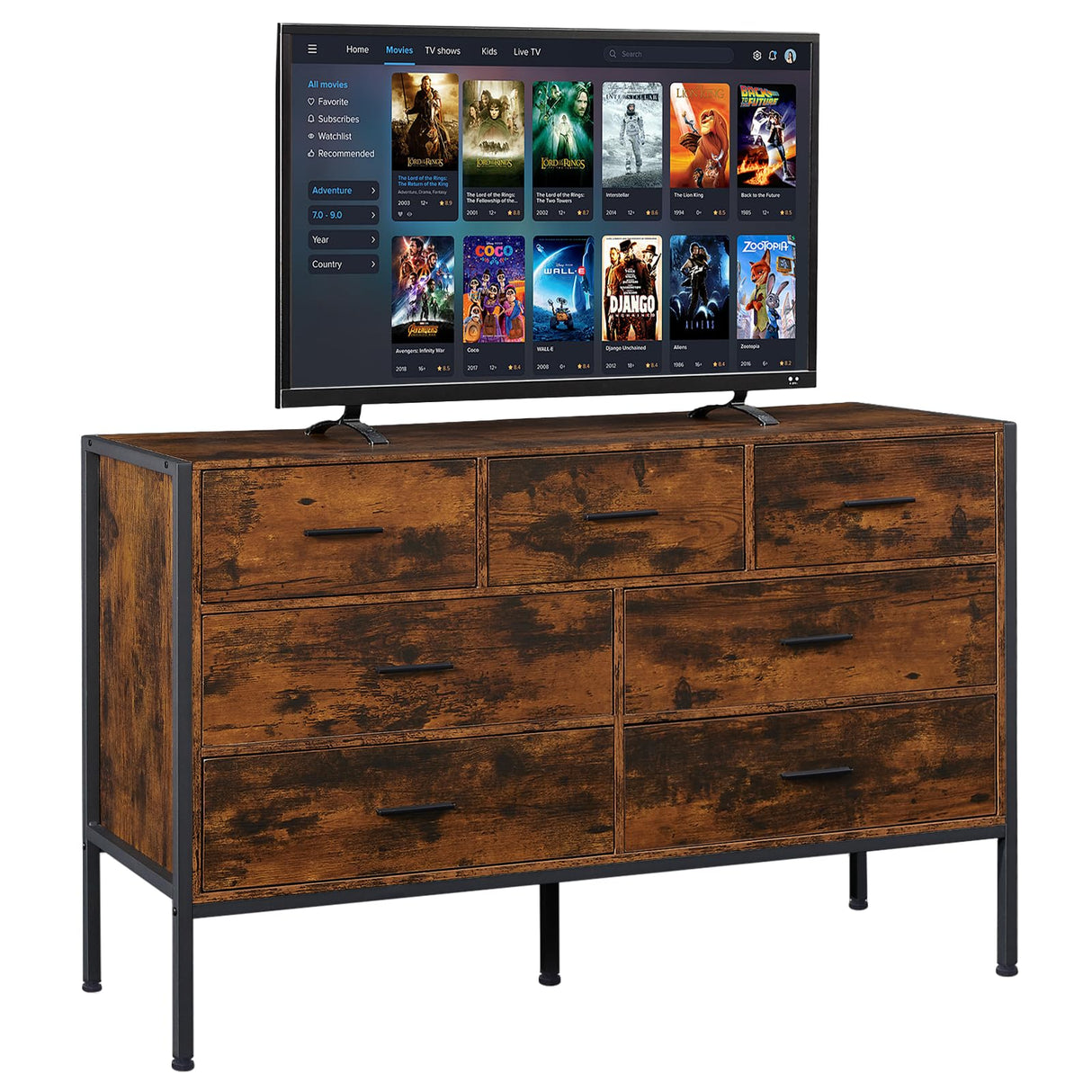 Lyromix Wood Rustic Dresser with 7 Drawers, Wide 48'' Brown TV Stand for Bedroom, Modern Storage Dresser Organizer for Bedroom Living Room, 48.5"x15.7"x31" Lyromix