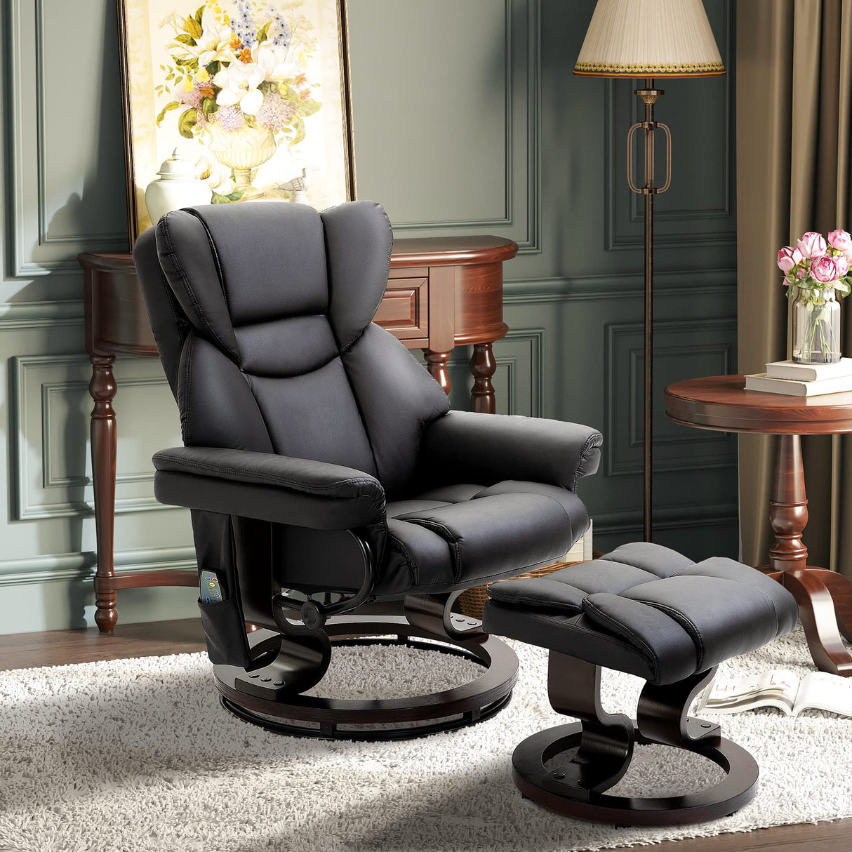 HOMCOM Massage Recliner Chair with Ottoman Footrest, 10 Vibration Points, 360° Swivel Reclining Chair, Faux Leather Living Room Chair with Side Pocket and Remote Control, Black HOMCOM